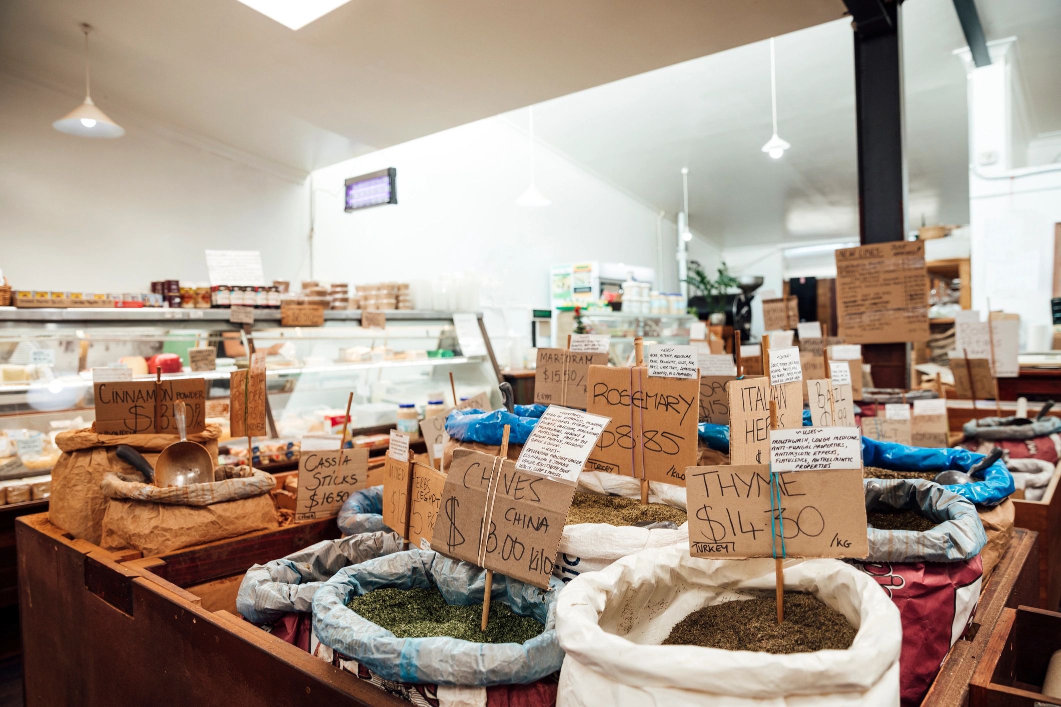 Sacks of herbs and spices in a supply setting