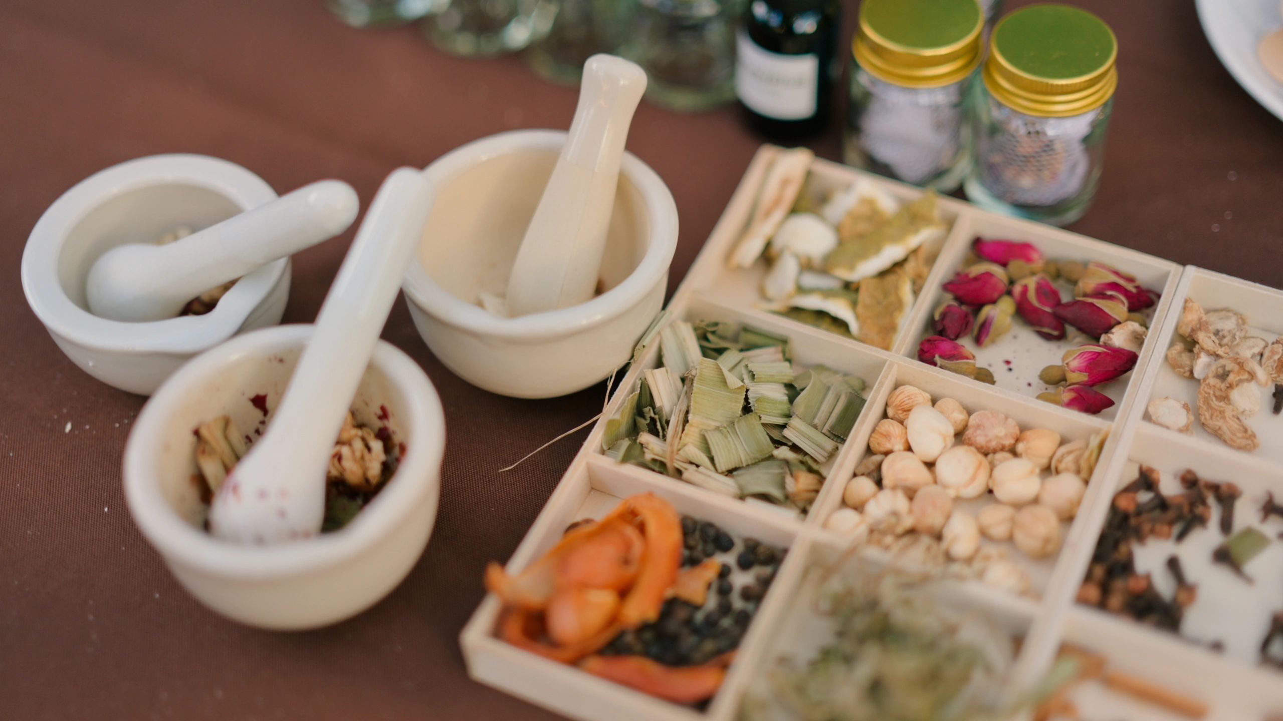 Dried botanical ingredients arranged for quality evaluation